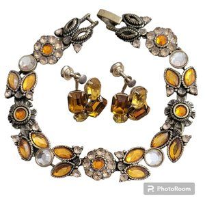 VTG Heirloom MCM Golden Sunflower Gemstone Bracelet and Screw-back Earrings Set